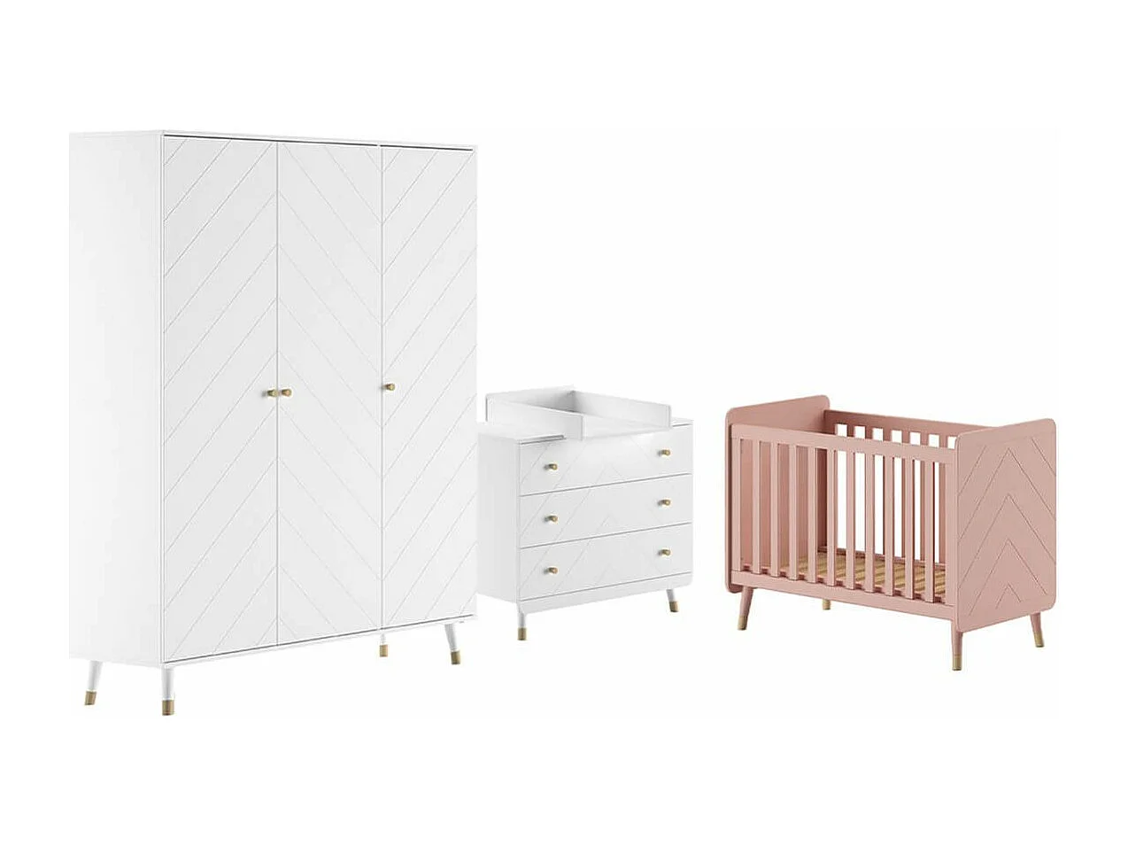 TINY WHITE - Chambre avec lit bébé rose + table à langer + Armoire 3 Portes