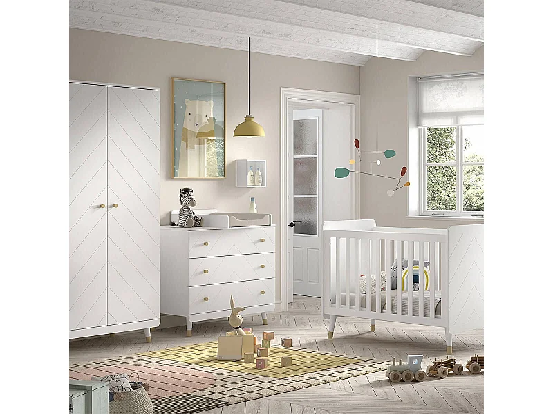 TINY WHITE - Chambre avec lit bébé + table à langer + Armoire 2 Portes