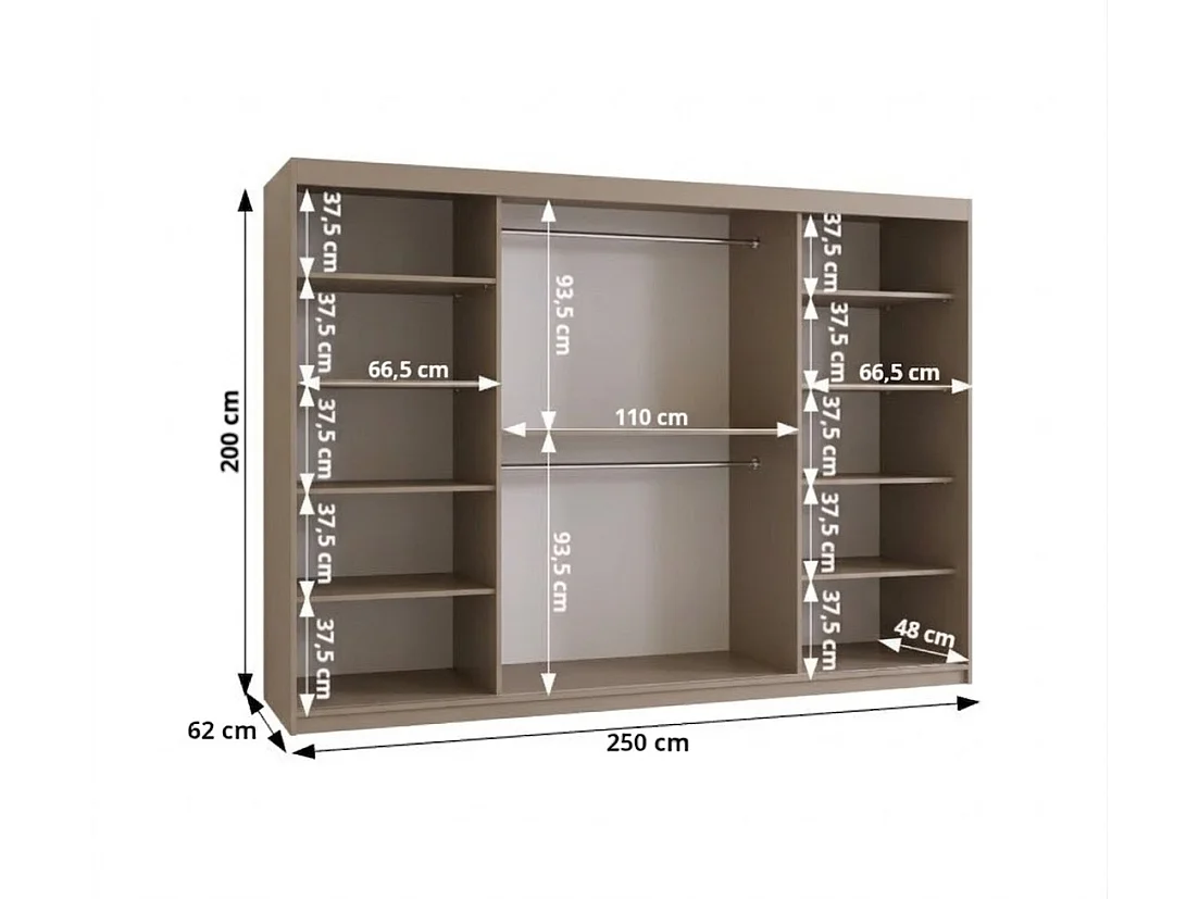 Schiebetürenschrank mit Spiegel ROYAL 200/250/62 3-Türig (Kaschmir)