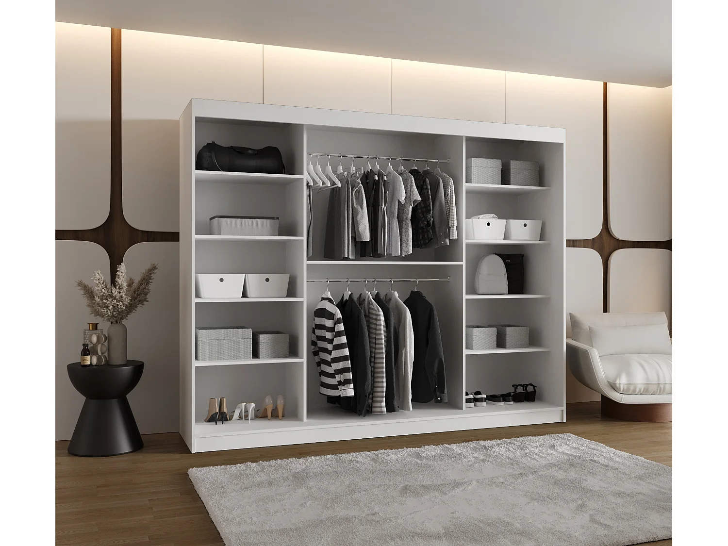 Schiebetürenschrank mit Spiegel ROYAL 200/250/62 3-Türig (Weiß)