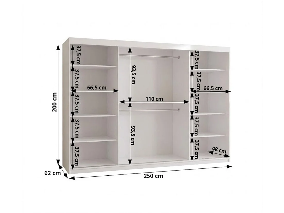 Schiebetürenschrank mit Spiegel ROYAL 200/250/62 3-Türig (Weiß)