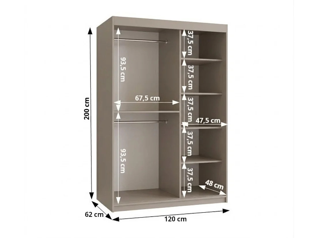 Schiebetürenschrank mit Spiegel ROYAL 200/120/62 2-Türig (Kaschmir)