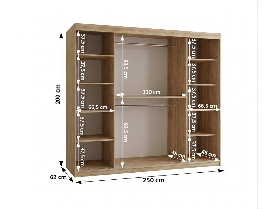 Schiebetürenschrank mit Spiegel ROYAL 200/250/62 3-Türig (Sonoma)