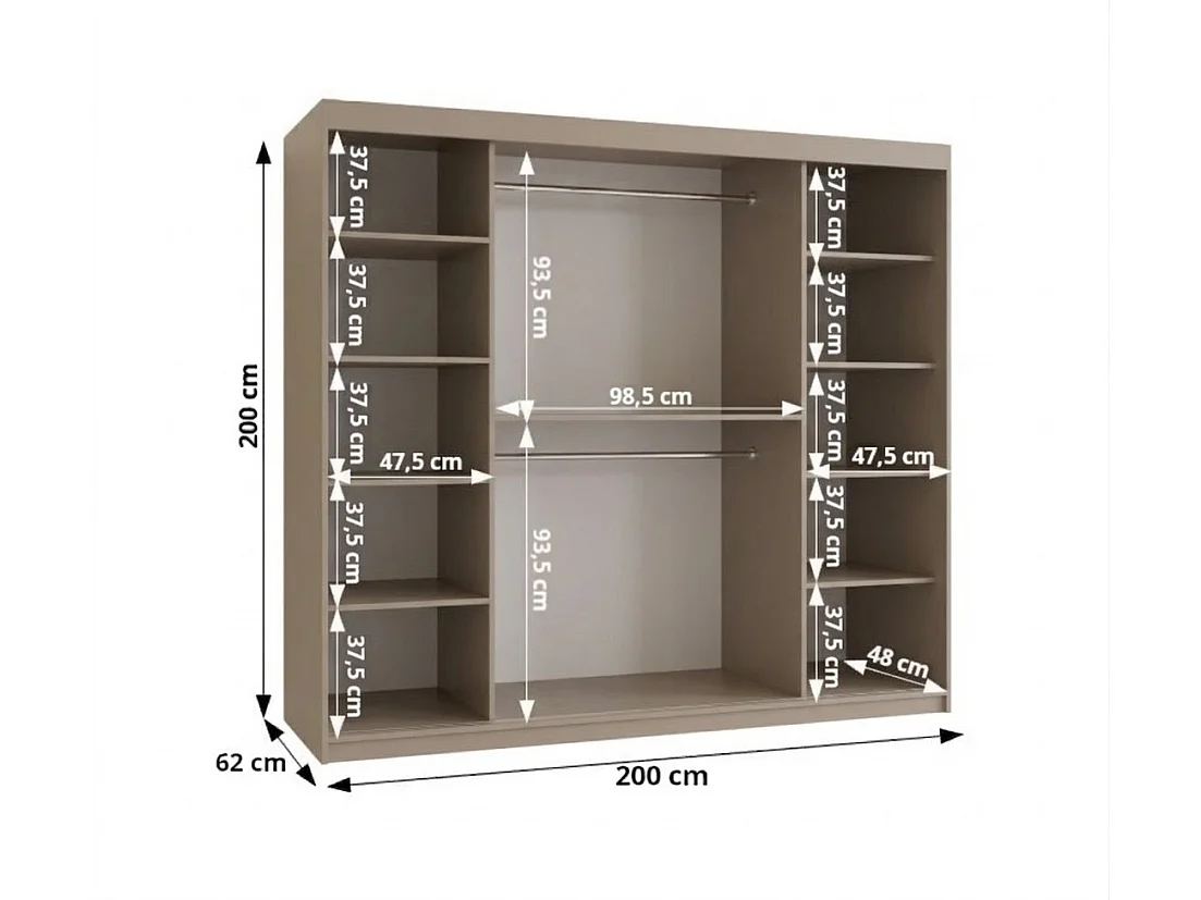 Schiebetürenschrank mit Spiegel ROYAL 200/200/62 2-Türig (Kaschmir)