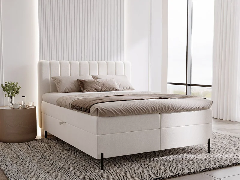 Lit continental Primavera avec rangement - 160 x 200 - double - velours - crème