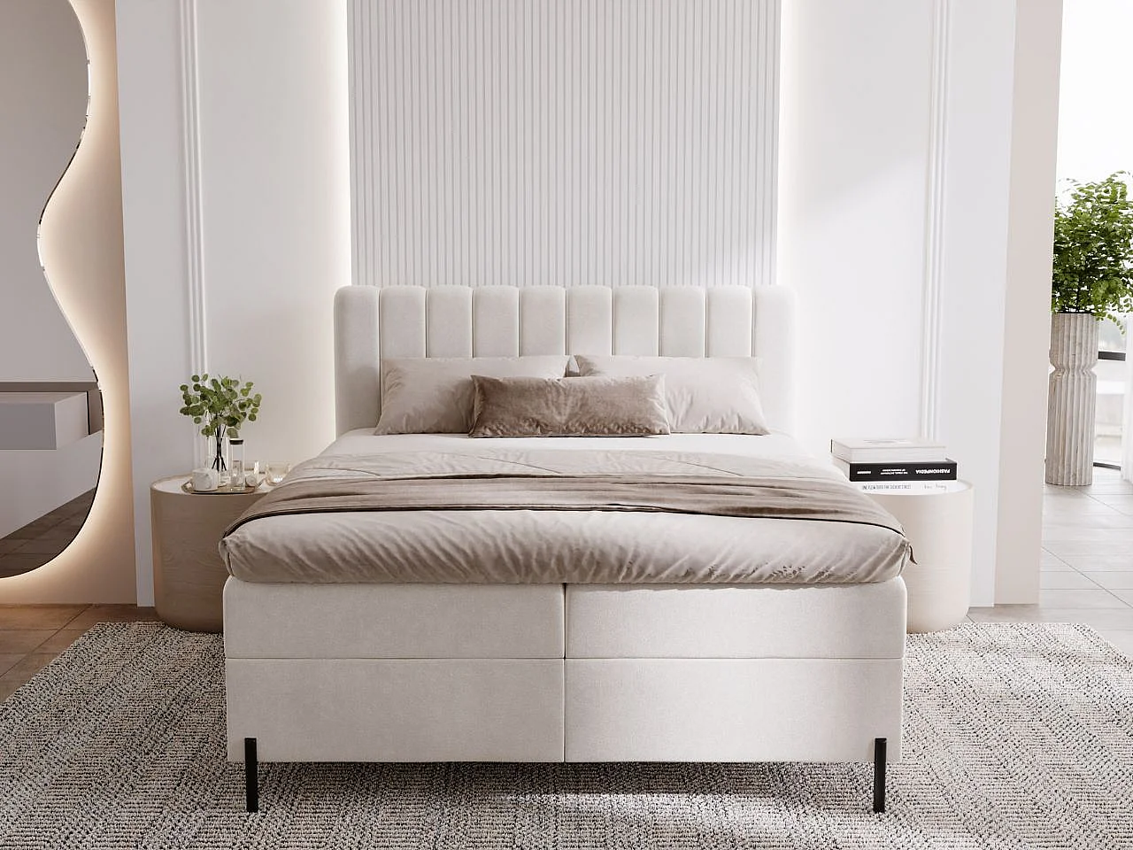 Lit continental Primavera avec rangement - 160 x 200 - double - velours - crème