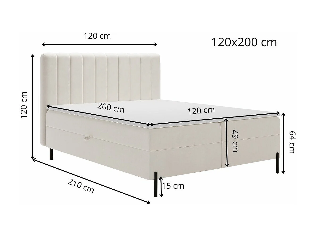 Lit continental Primavera avec rangement - 120 x 200 - double - velours - crème