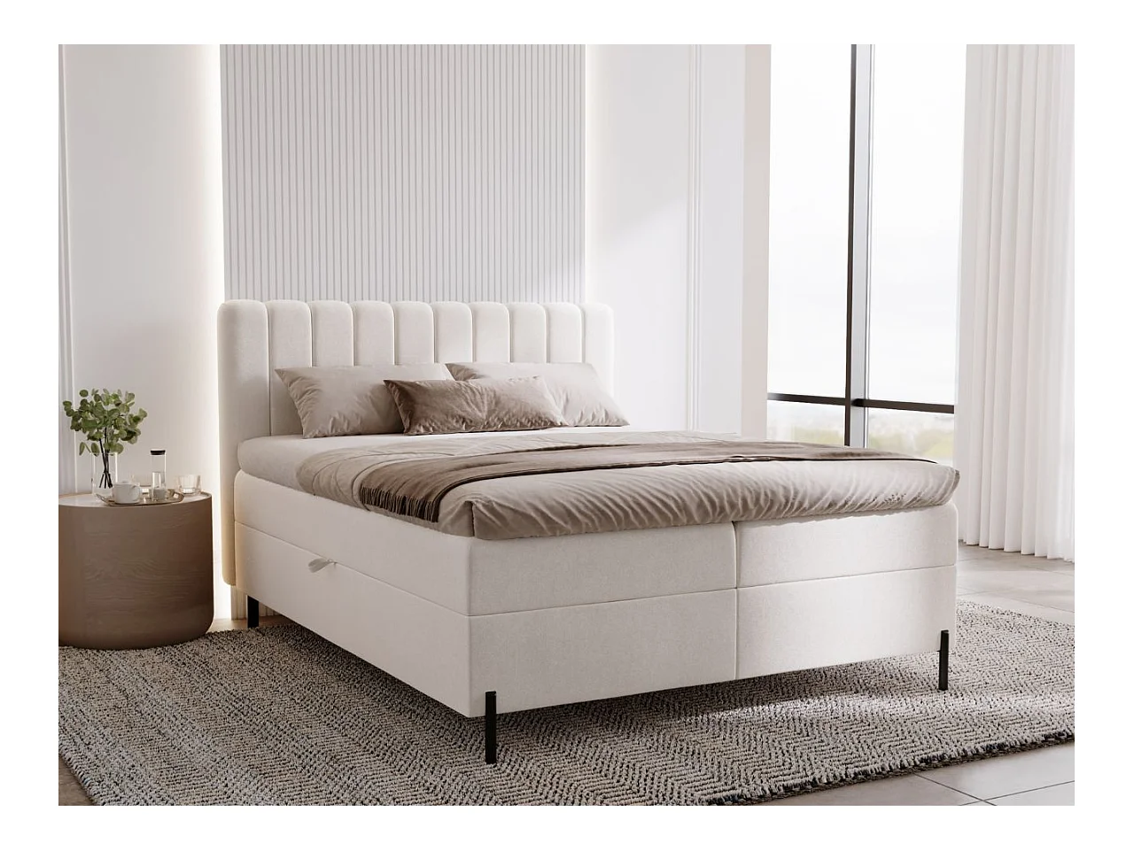 Lit continental Primavera avec rangement - 180 x 200 - double - velours - crème
