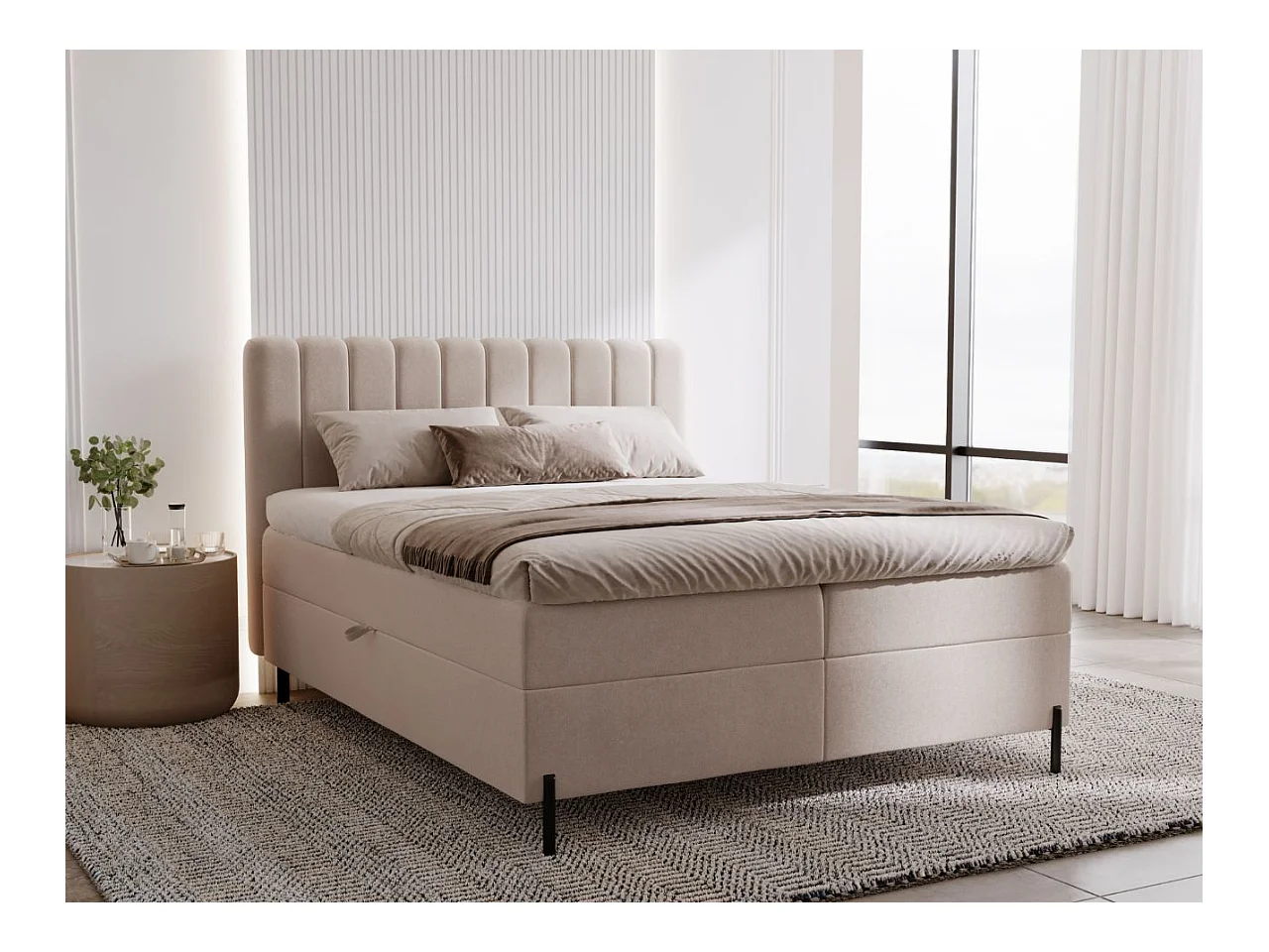 Lit continental Primavera avec rangement - 180 x 200 - double - velours - beige
