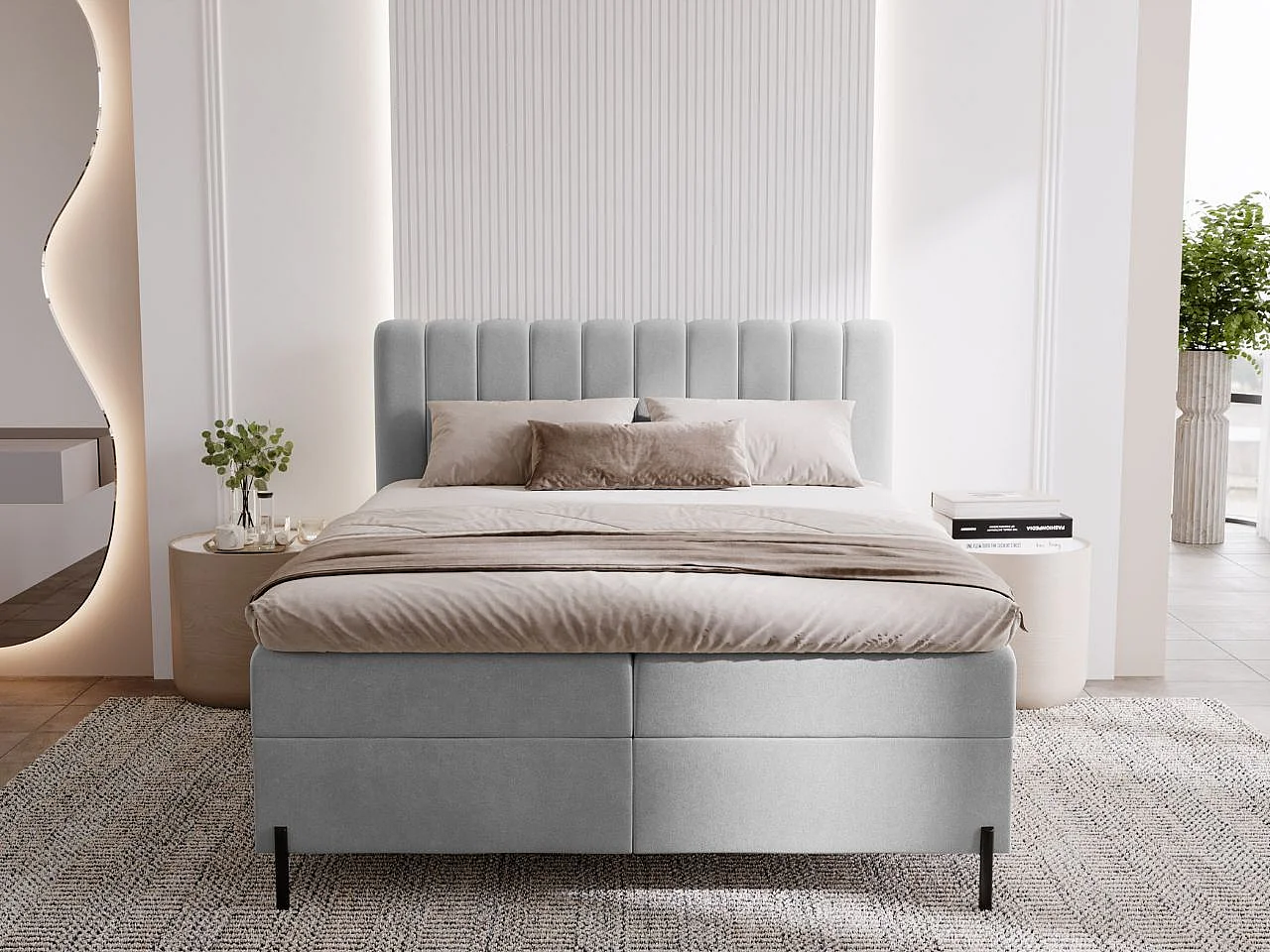 Lit continental Primavera avec rangement - 160 x 200 - double - velours - gris clair