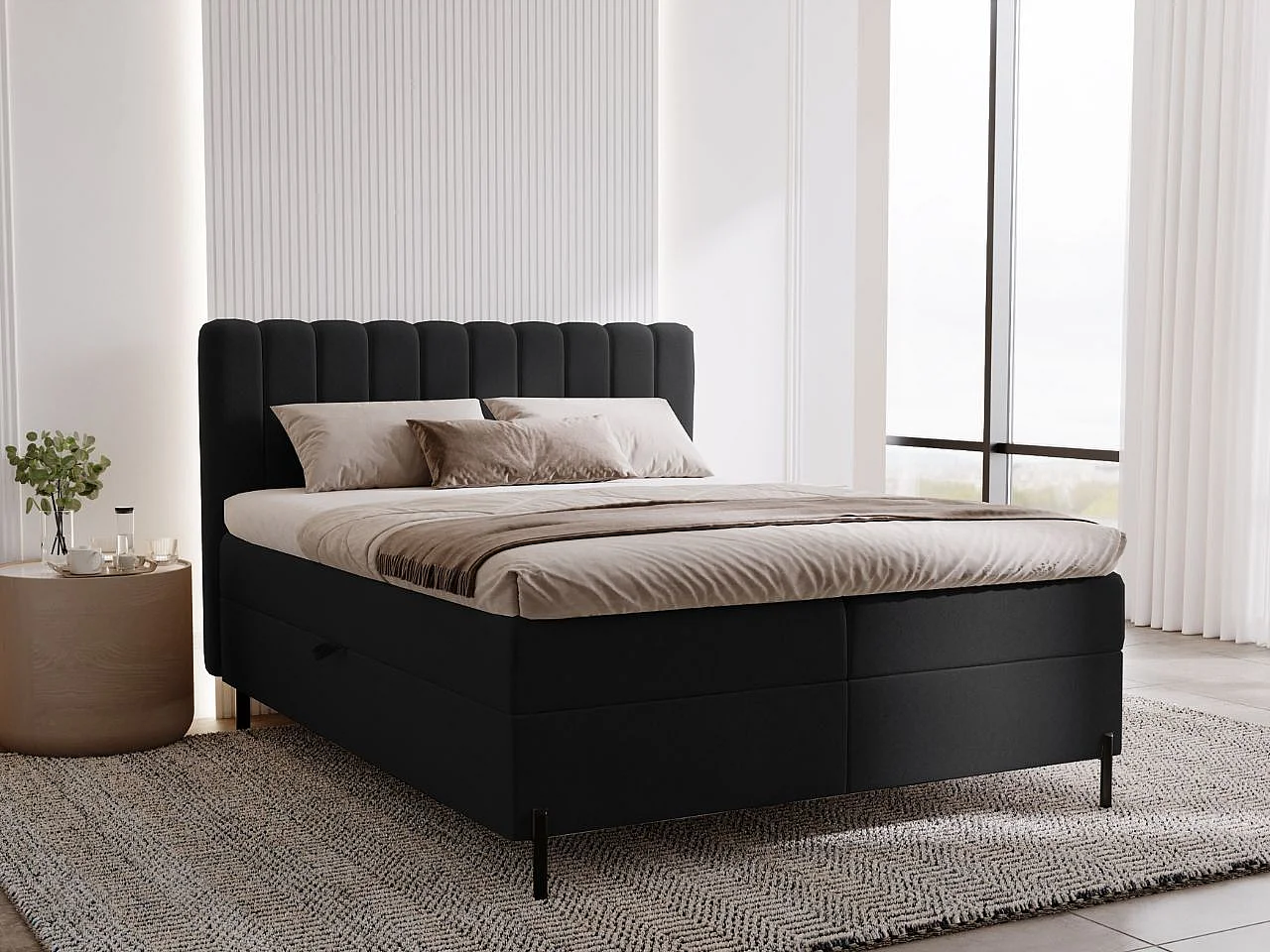 Lit continental Primavera avec rangement - 180 x 200 - double - velours - noir