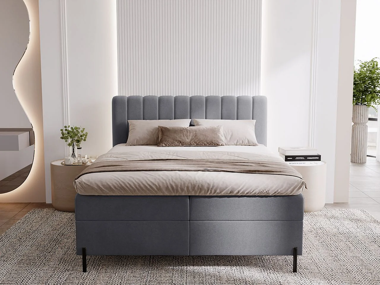 Lit continental Primavera avec rangement - 180 x 200 - double - velours - gris