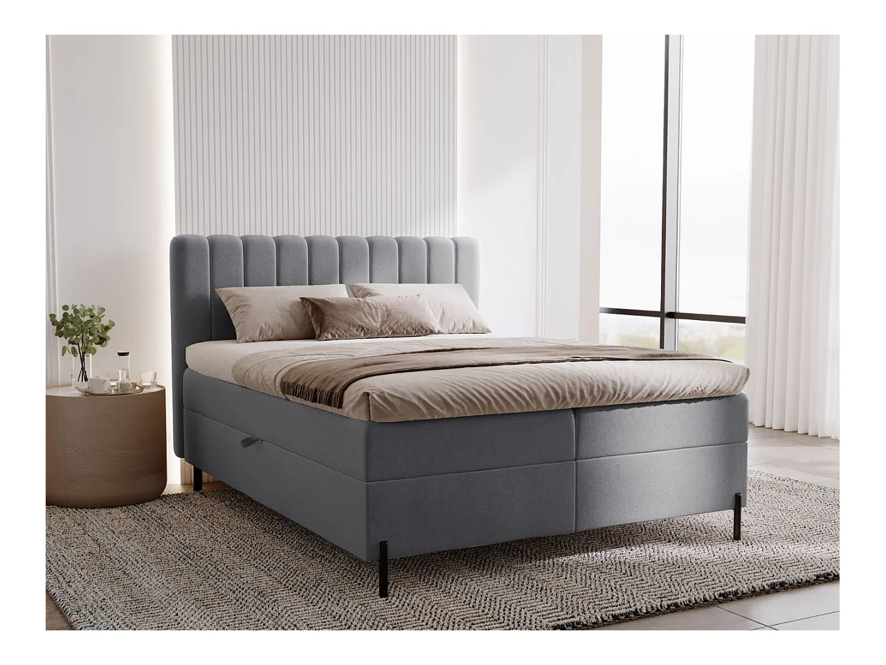 Lit continental Primavera avec rangement - 180 x 200 - double - velours - gris