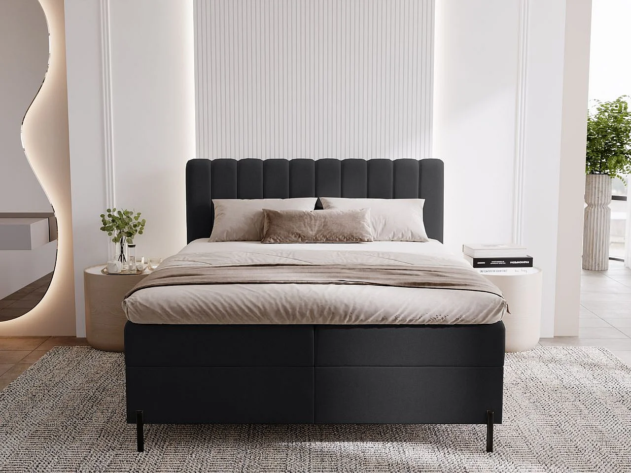 Lit continental Primavera avec rangement - 120 x 200 - double - velours - noir