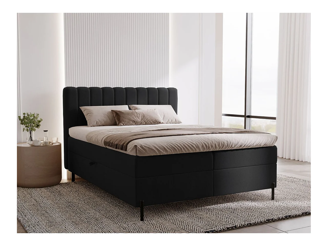 Lit continental Primavera avec rangement - 120 x 200 - double - velours - noir