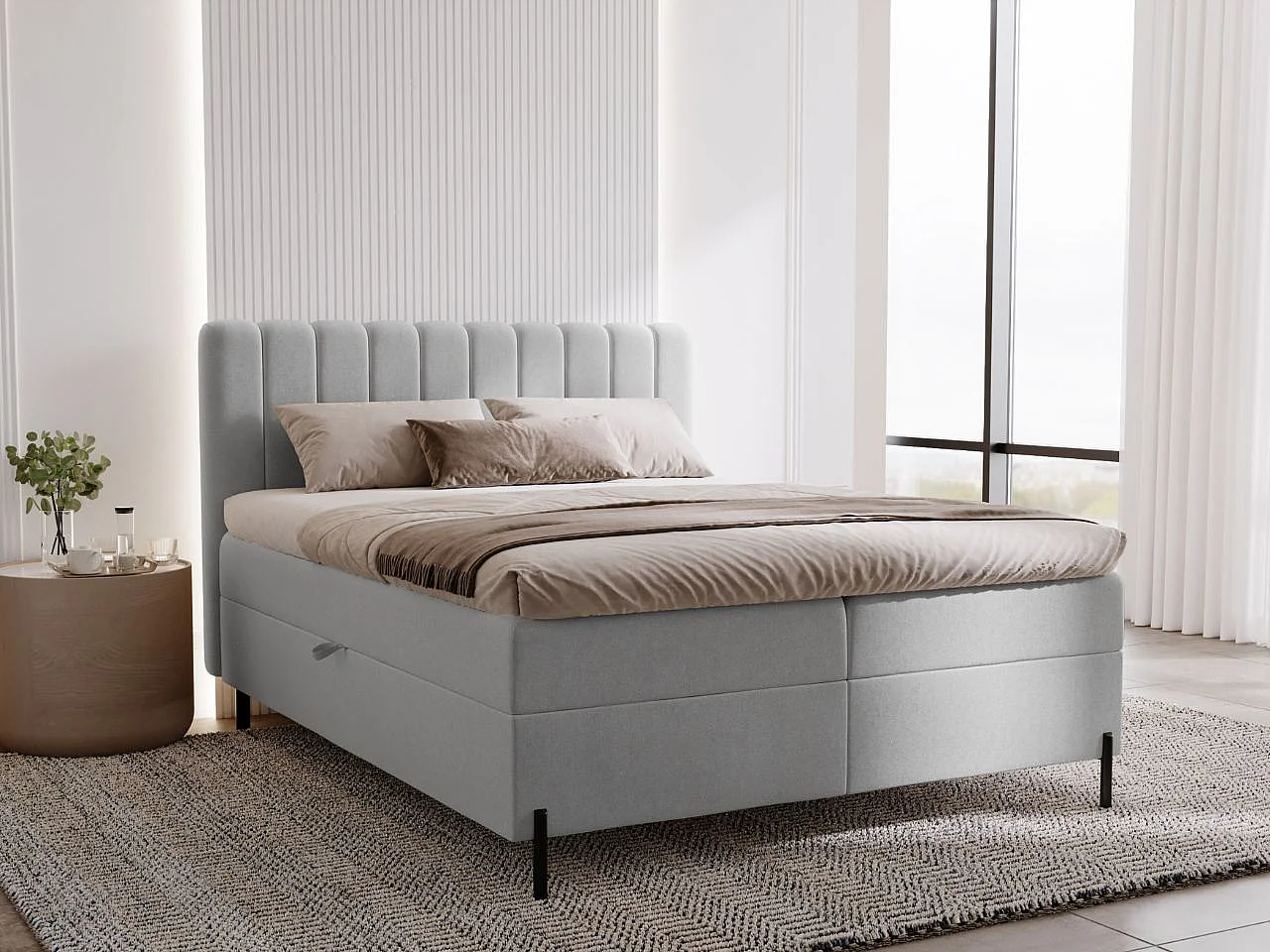 Lit continental Primavera avec rangement - 120 x 200 - double - velours - gris clair