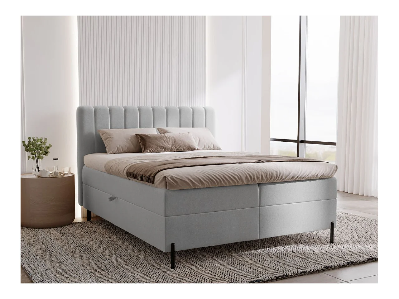 Lit continental Primavera avec rangement - 180 x 200 - double - velours - gris clair