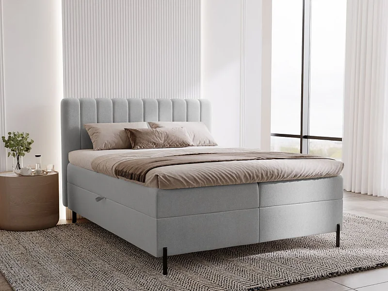 Lit continental Primavera avec rangement - 180 x 200 - double - velours - gris clair