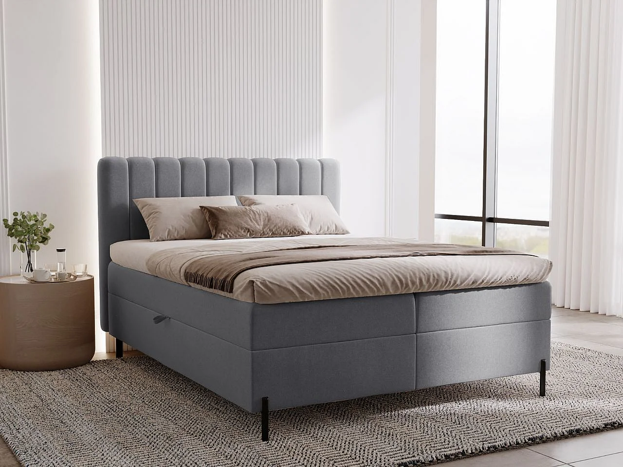 Lit continental Primavera avec rangement - 120 x 200 - double - velours - gris