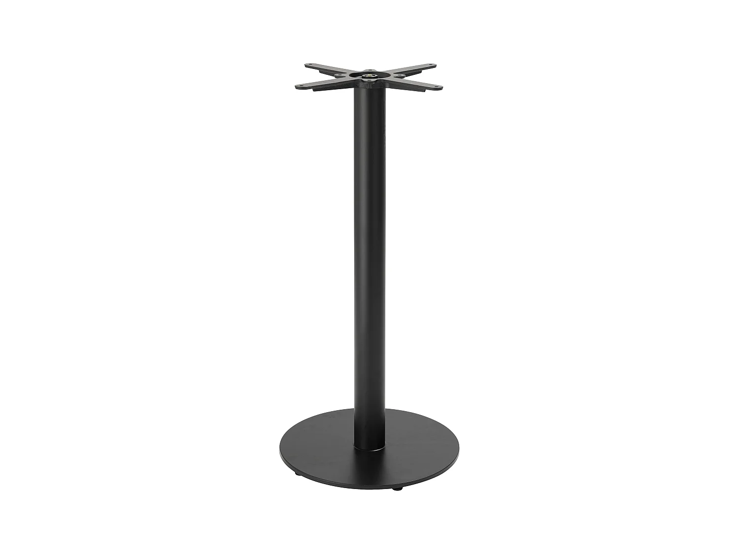 Ronde hoge tafel met zwart onderstel en donkerhouten bekleding