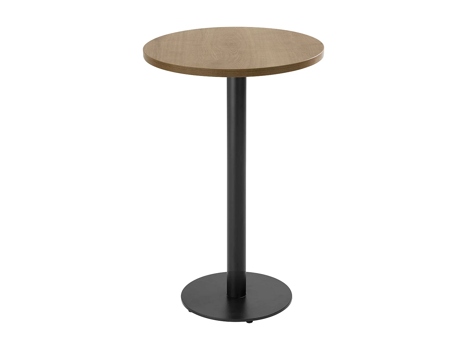 Table haute ronde 60 cm pied noir et revêtement bois clair