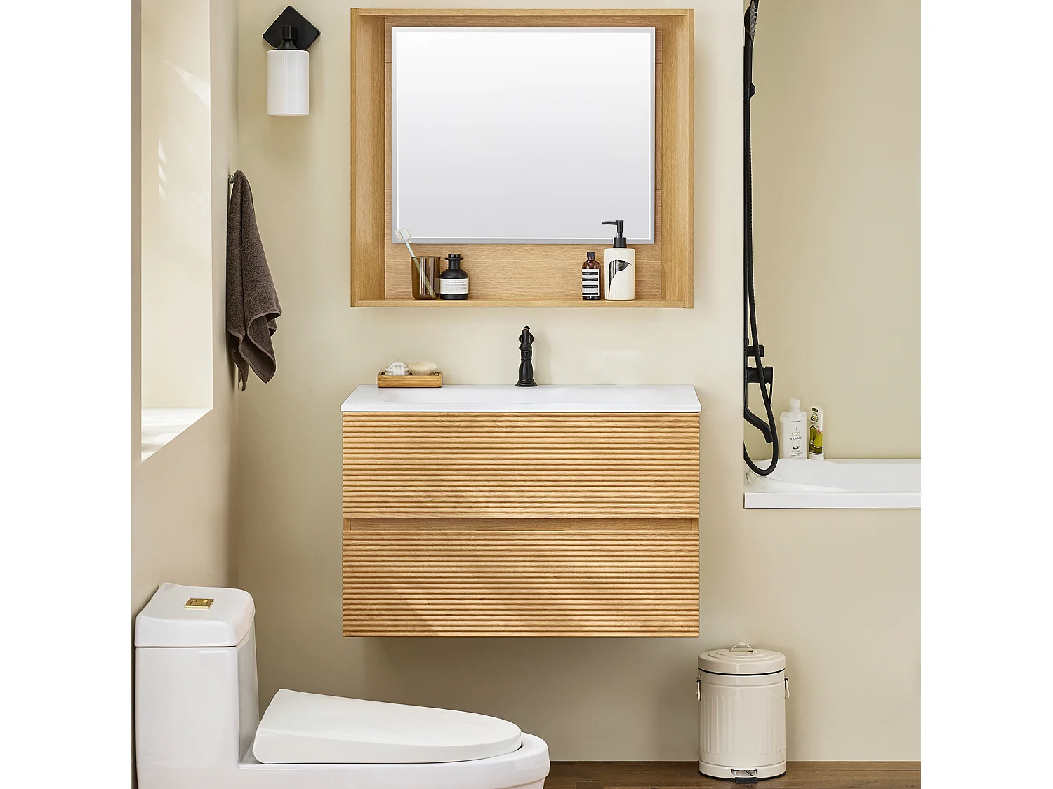 SoBuy Meuble Suspendu pour Lavabo avec miroir Meuble sous vasque avec miroir Ensemble de Lavabo avec miroir Meuble Lave-Mains avec miroir, Couleur Bois, BZR198-N