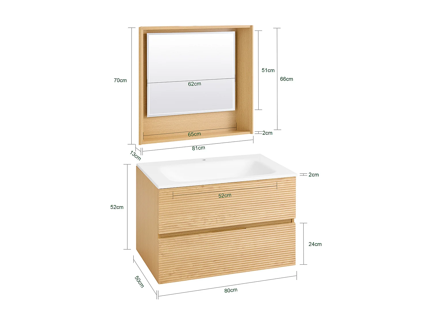 SoBuy Meuble Suspendu pour Lavabo avec miroir Meuble sous vasque avec miroir Ensemble de Lavabo avec miroir Meuble Lave-Mains avec miroir, Couleur Bois, BZR198-N