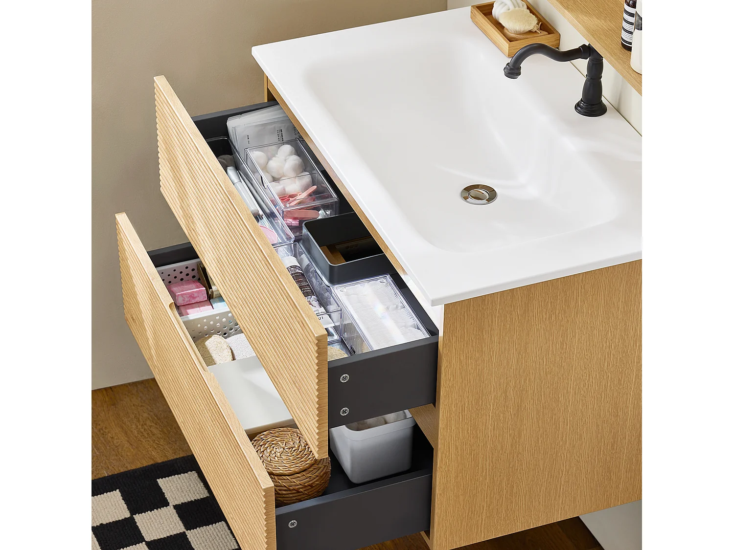 SoBuy Meuble Suspendu pour Lavabo avec miroir Meuble sous vasque avec miroir Ensemble de Lavabo avec miroir Meuble Lave-Mains avec miroir, Couleur Bois, BZR198-N