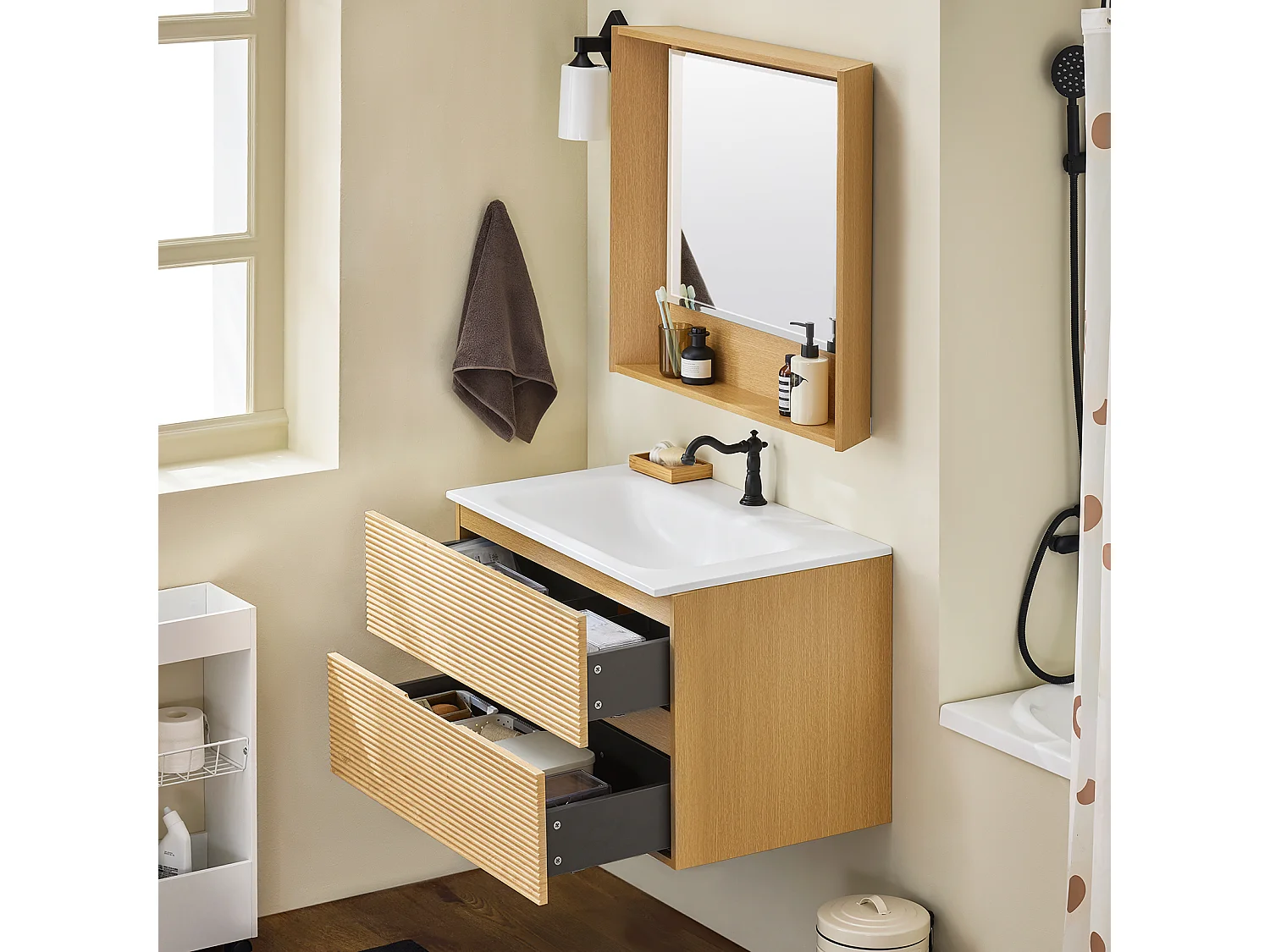 SoBuy Meuble Suspendu pour Lavabo avec miroir Meuble sous vasque avec miroir Ensemble de Lavabo avec miroir Meuble Lave-Mains avec miroir, Couleur Bois, BZR198-N