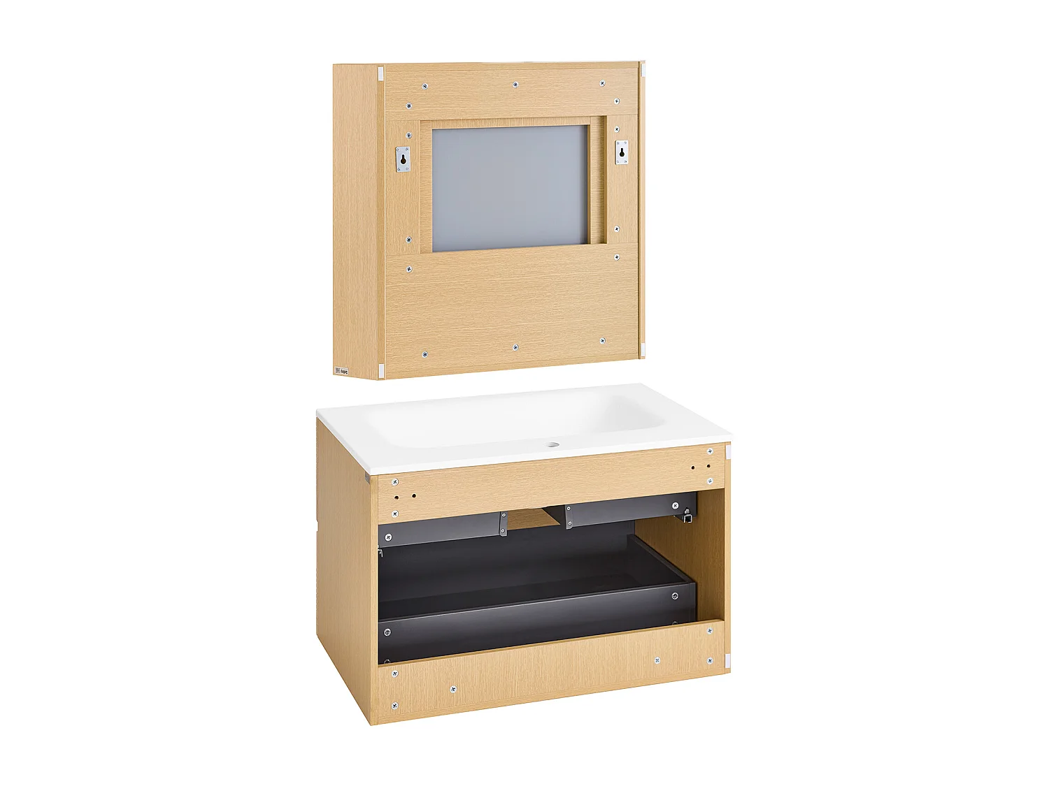 SoBuy Meuble Suspendu pour Lavabo avec miroir Meuble sous vasque avec miroir Ensemble de Lavabo avec miroir Meuble Lave-Mains avec miroir, Couleur Bois, BZR198-N