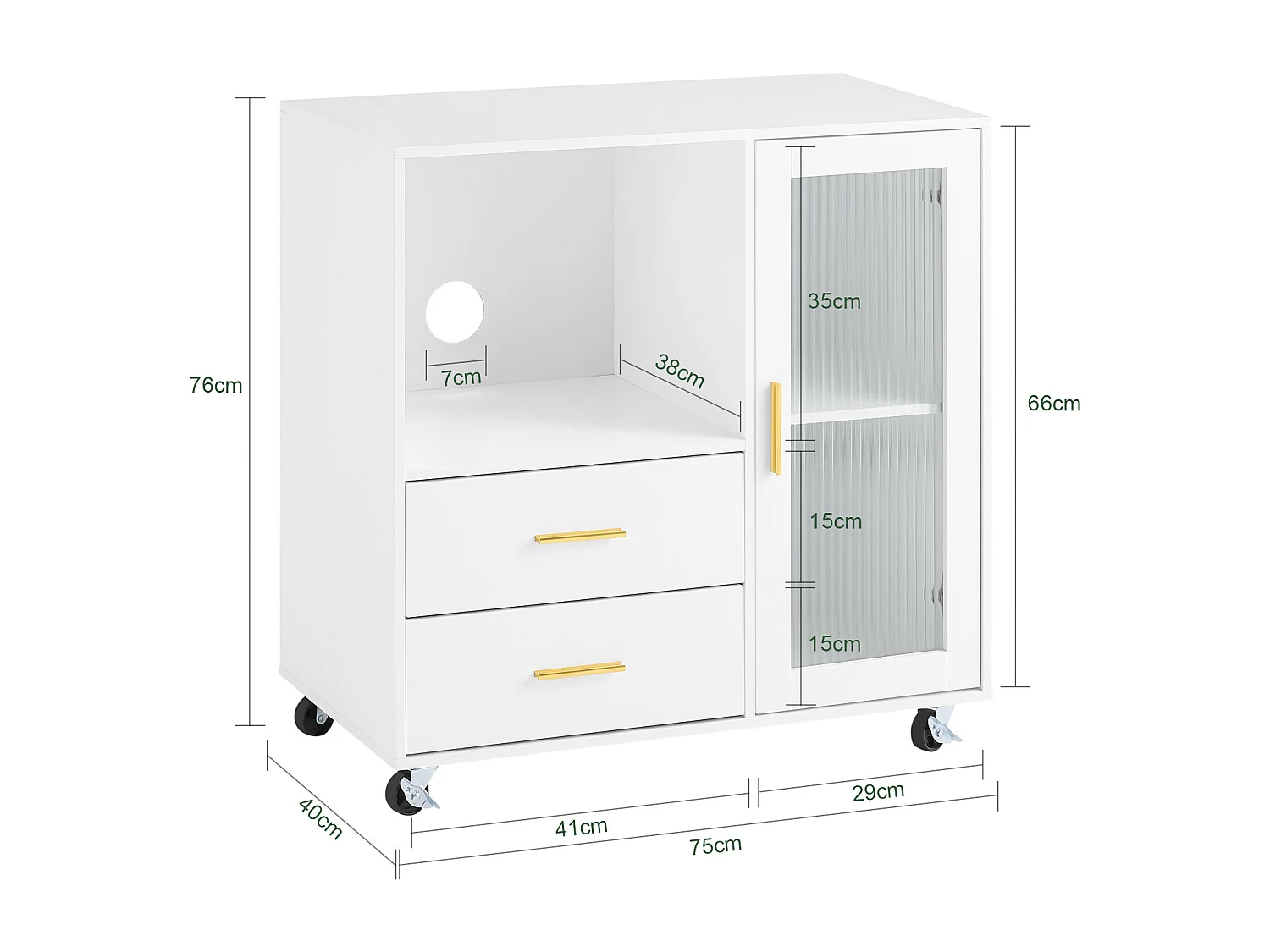 SoBuy ASK09-W Bureaukast met wieltjes, rolprinterhouder, bureau-organizer, opbergkast voor kantoor, opbergdoos met 2 laden, 1 glazen deur