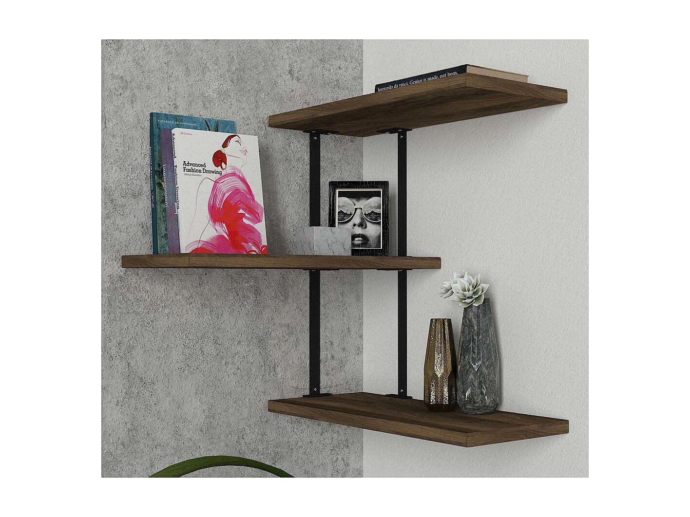 Estante de pared moderno – 45 x 47,4 x 20 cm – Nogal y negro – Metal y melamina