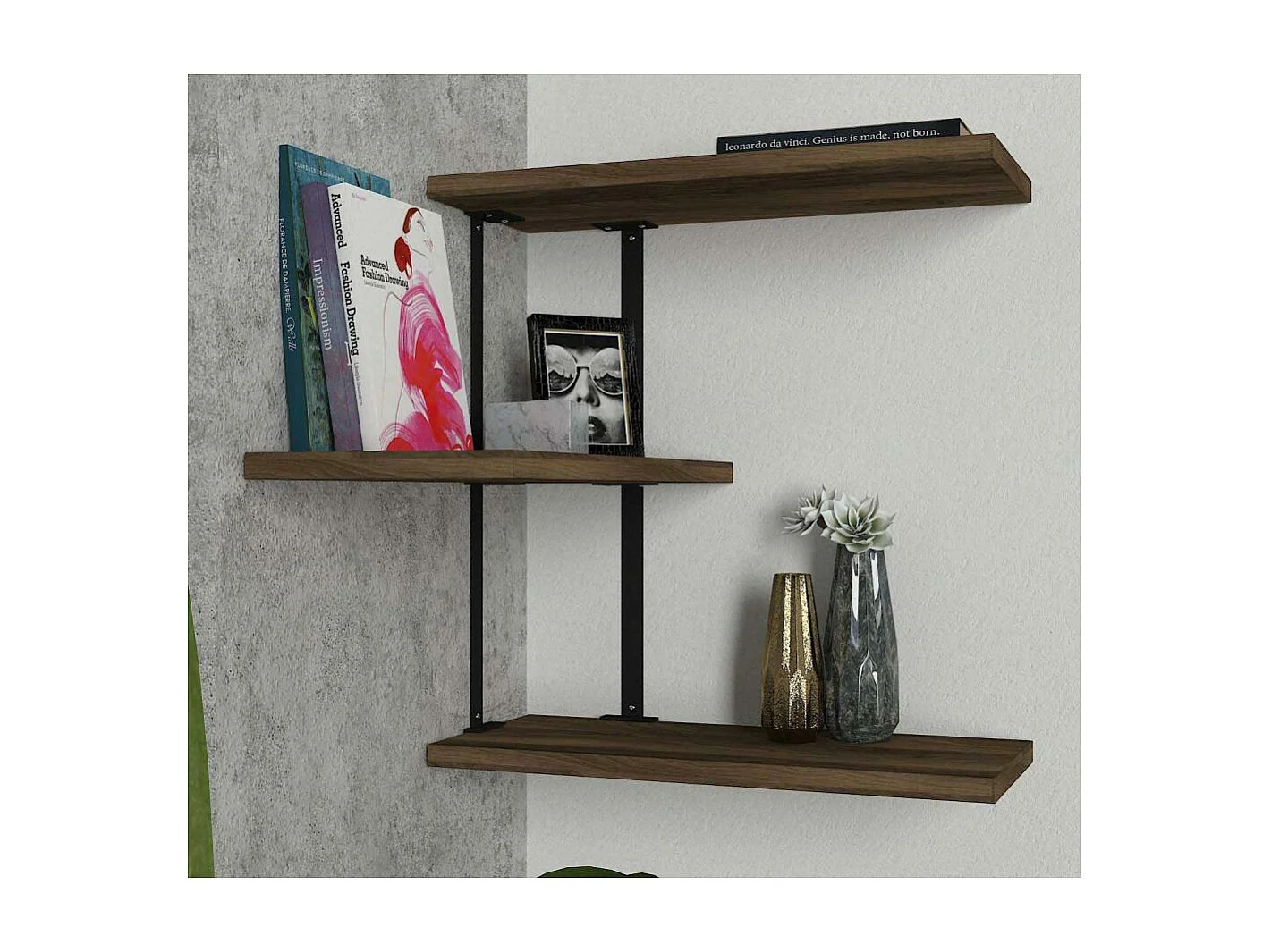 Estante de pared moderno – 45 x 47,4 x 20 cm – Nogal y negro – Metal y melamina
