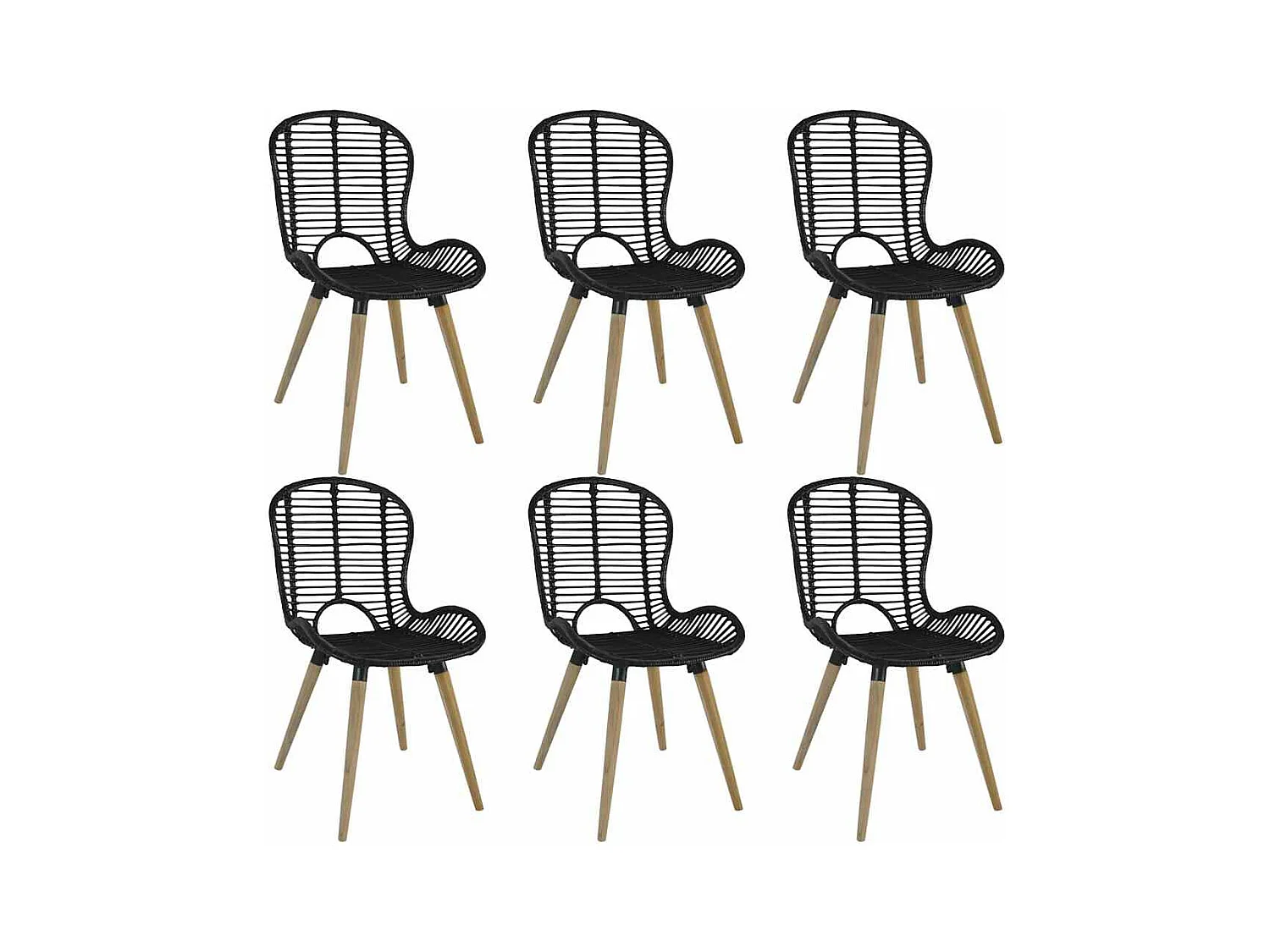 Chaises à manger lot de 6 noir rotin naturel