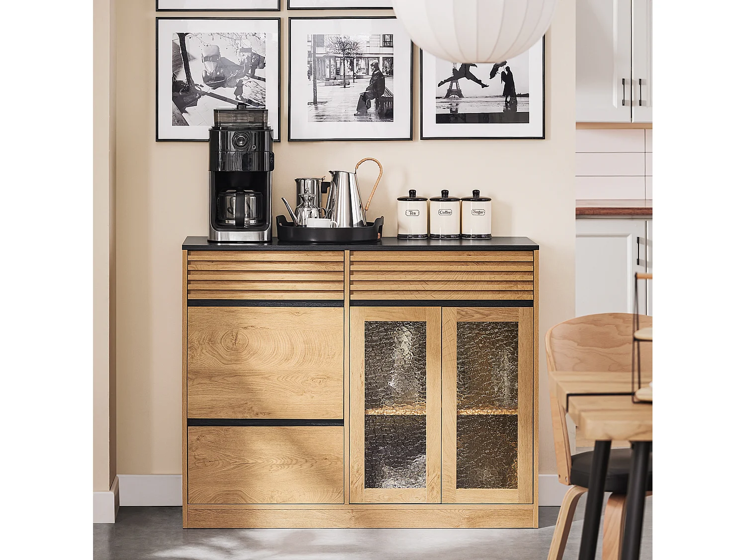 Komoda niska, szafka kuchenna z 3 drzwiami, 112 x 40 x 89 cm, kolor naturalny, FSB99-N