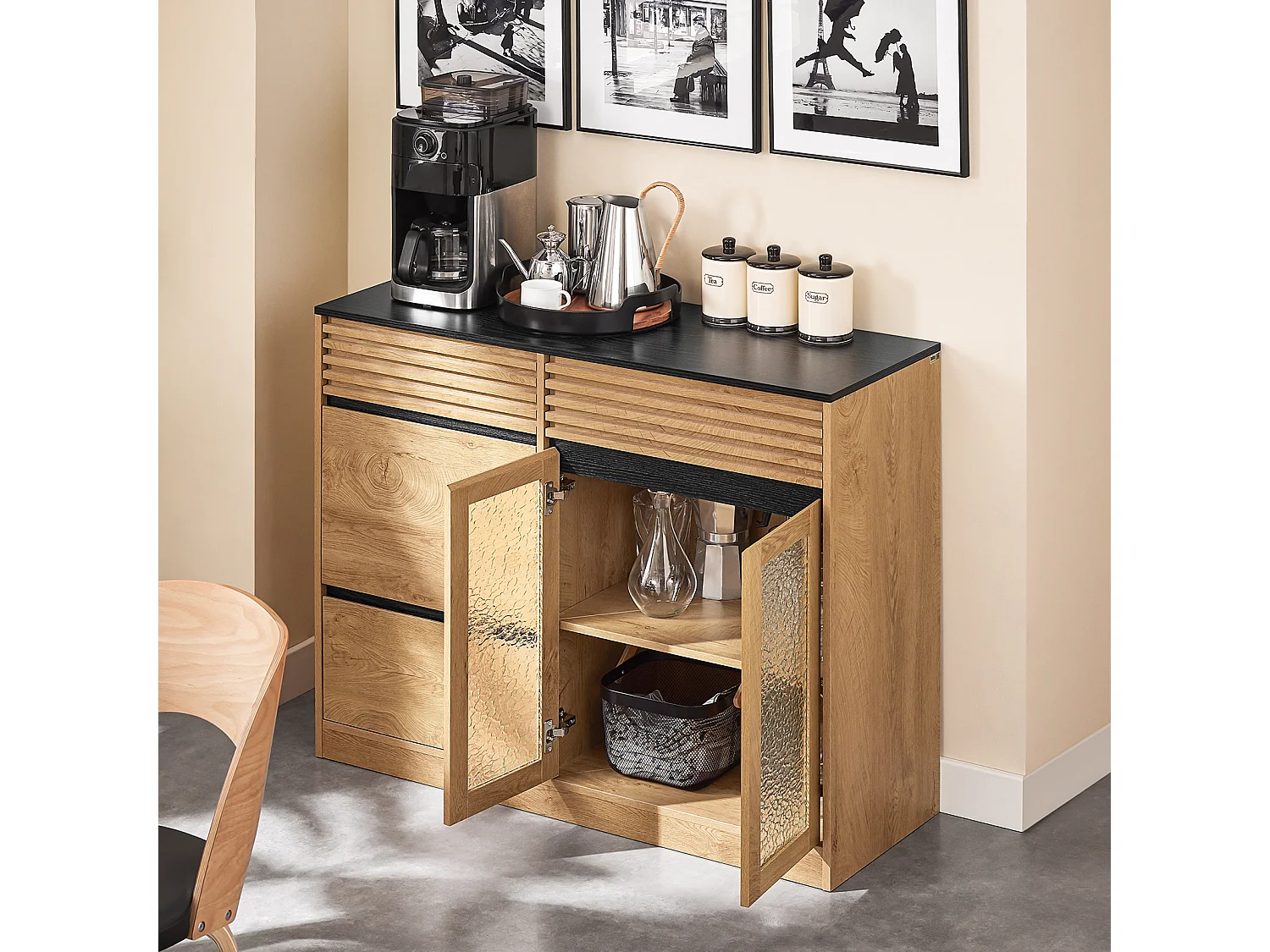 SoBuy Buffet Bas, Commode Armoire de Rangement, Placard de Cuisine,  avec 3 Portes, 112 x 40 x 89 cm, Naturel, FSB99-N