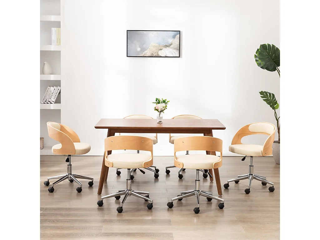 Eetkamerstoelen draaibaar 6 st gebogen hout en kunstleer crème