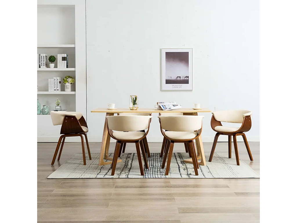 Cadeiras jantar 6 peças madeira curvada e couro artificial creme