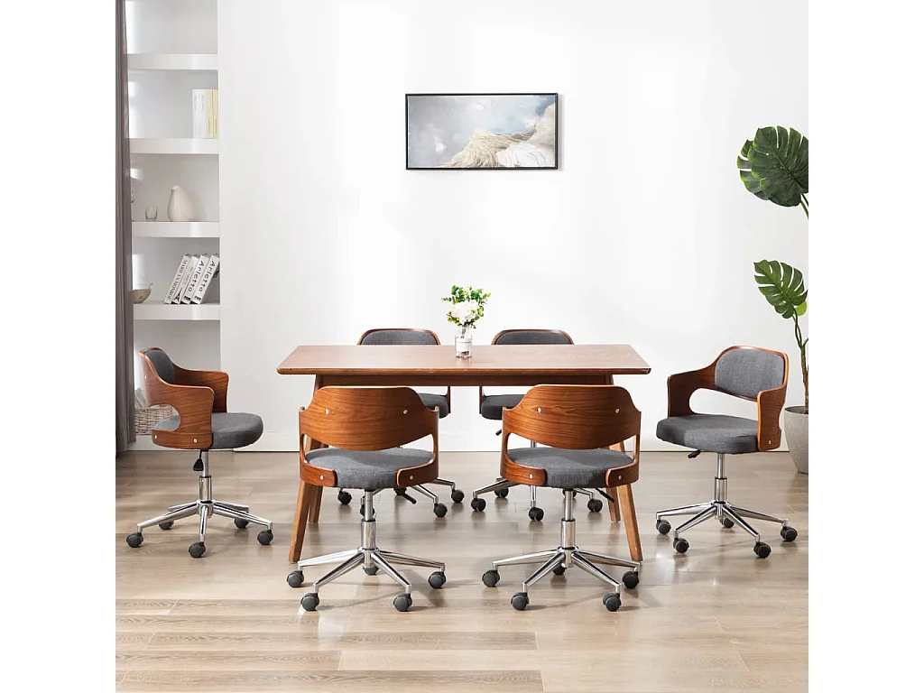 Sillas de comedor giratorias 6 unidades madera curvada y tela gris