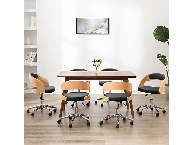 Sillas de comedor giratorias 6 unidades madera curvada y cuero negro