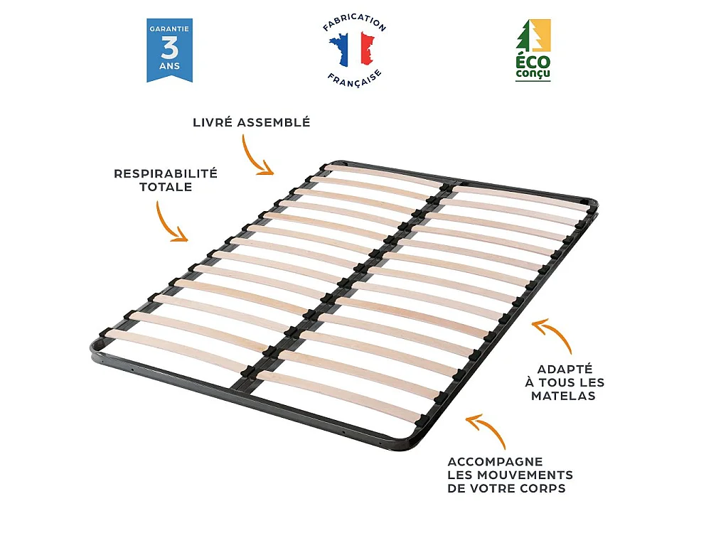 Sommier à lattes 90x190 C213 - 13 lattes bois - Fabrication française