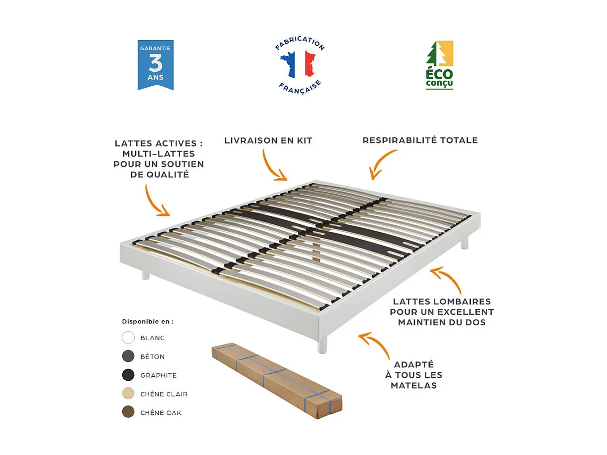 Sommier déco en Kit + pieds 160x200 - Decokit 36 lattes bois - Chêne clair - H. 13 cm