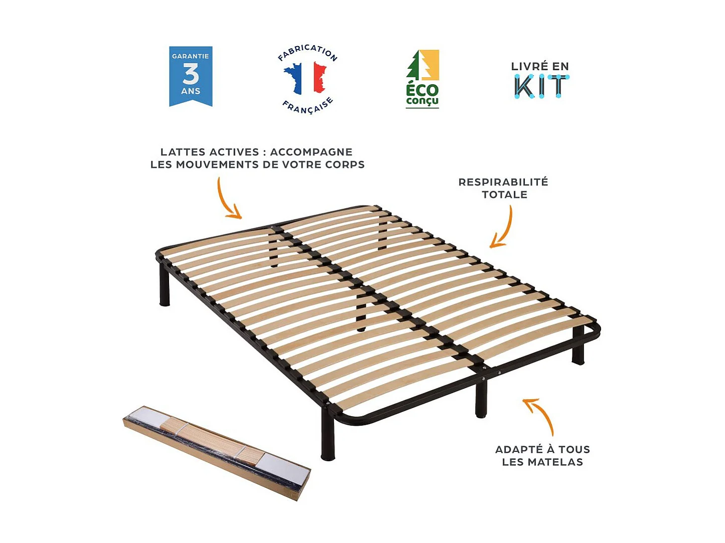 Sommier à lattes démontable + pieds 140x190 - 36 lattes bois - Fabrication française