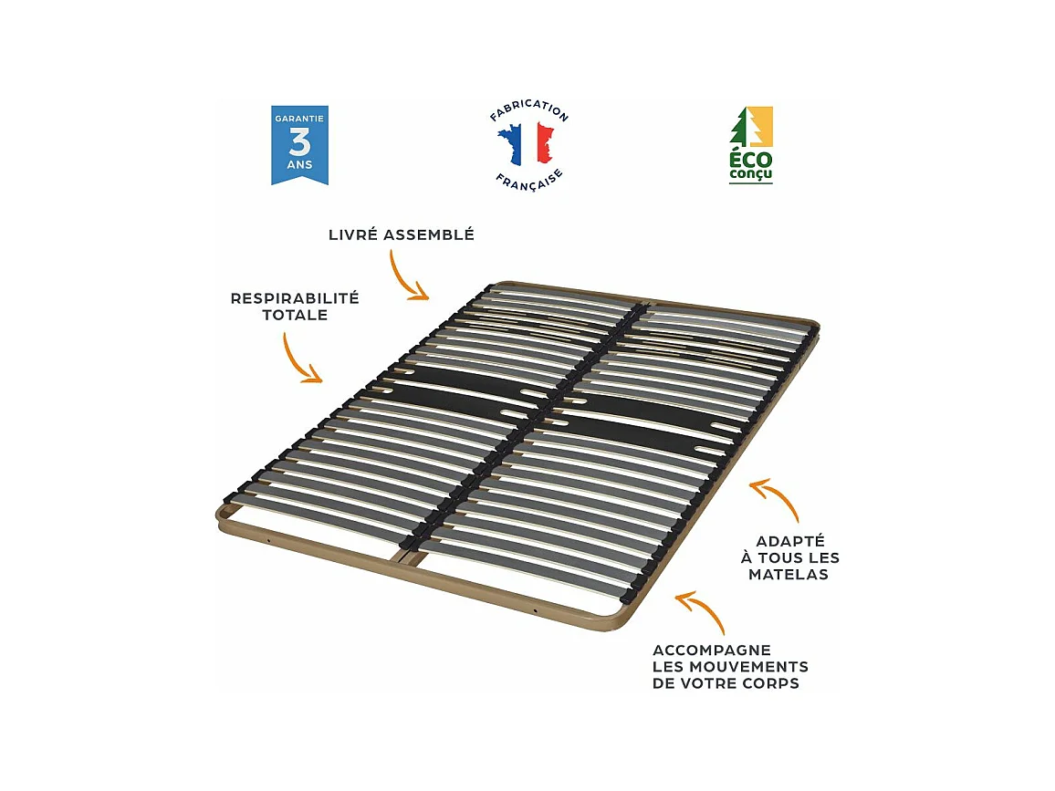 Sommier à lattes + pieds 80x190 C322 - 22 lattes bois - Fabrication française