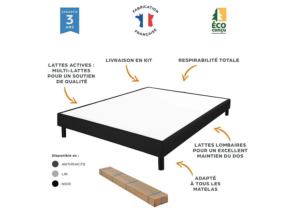 Sommier déco en Kit + pieds 140x190 - Newkit 40 lattes bois - Anthracite - H. 18 cm