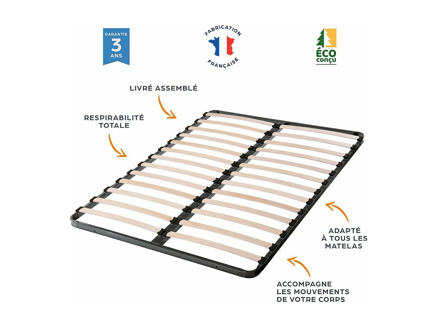 Sommier à lattes + pieds 90x190 C213 - 13 lattes bois - Fabrication française