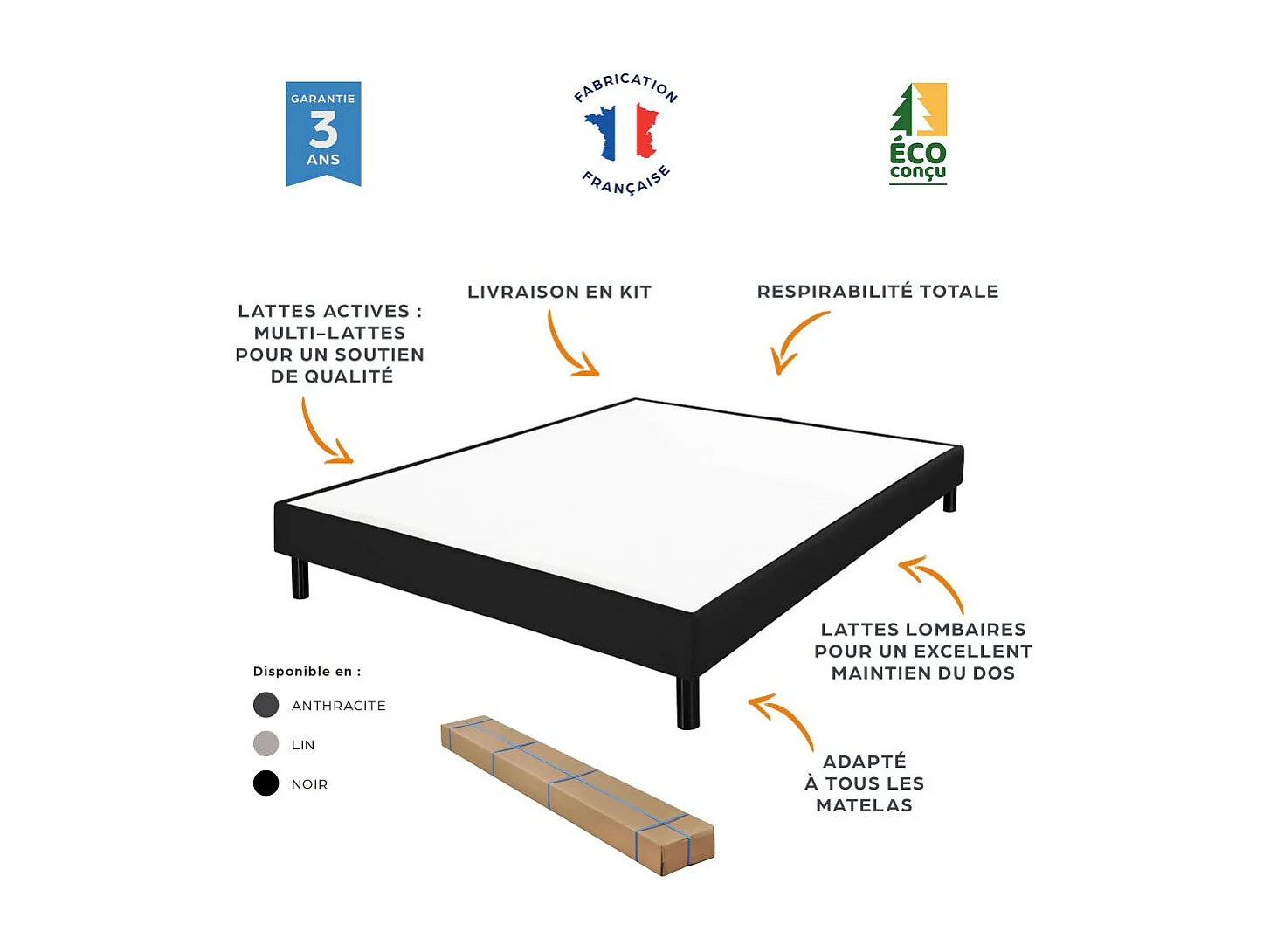 Sommier déco en Kit + pieds 160x200 - Newkit 40 lattes bois - Tissu lin - H. 18 cm