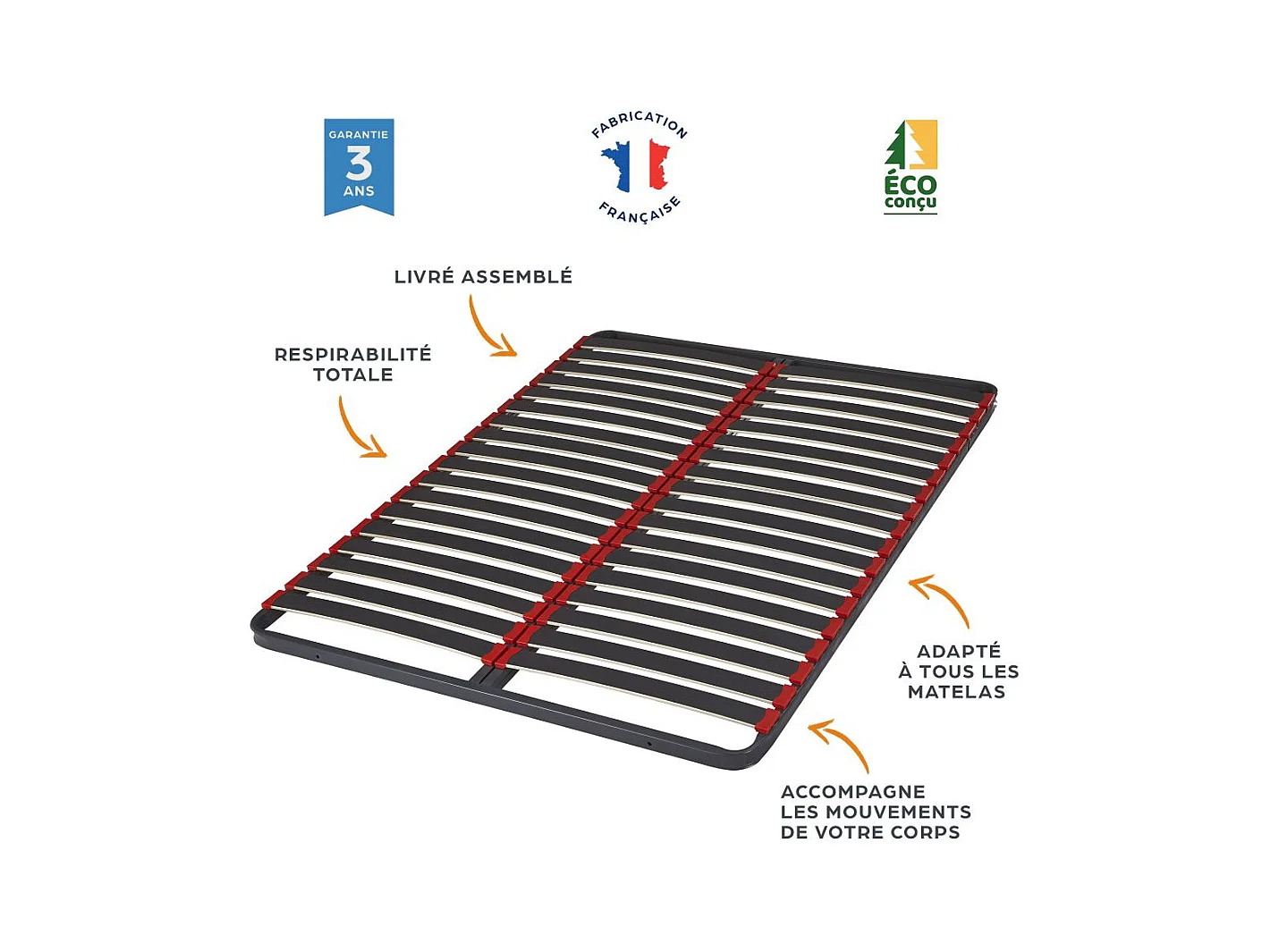 Sommier à lattes 140x200 C39 - 36 lattes bois - Fabrication française