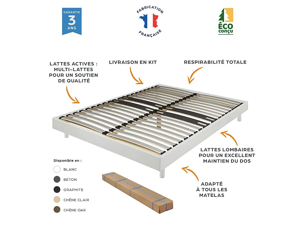 Sommier déco en Kit + pieds 90x190 - Decokit 18 lattes bois - Blanc - H. 13 cm