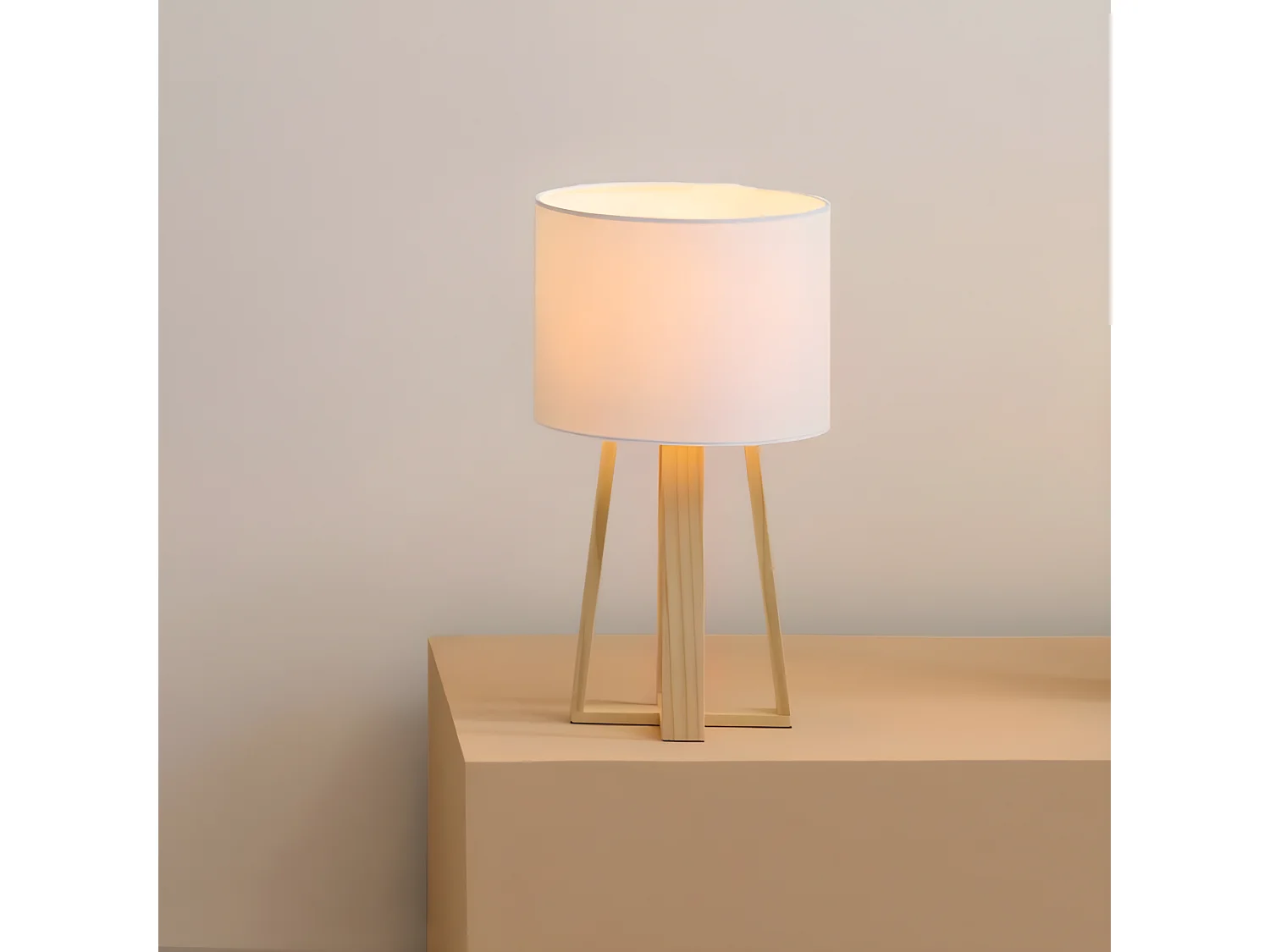 Lampe à poser, lampadaire en coton blanc et pieds en bois de pin naturel